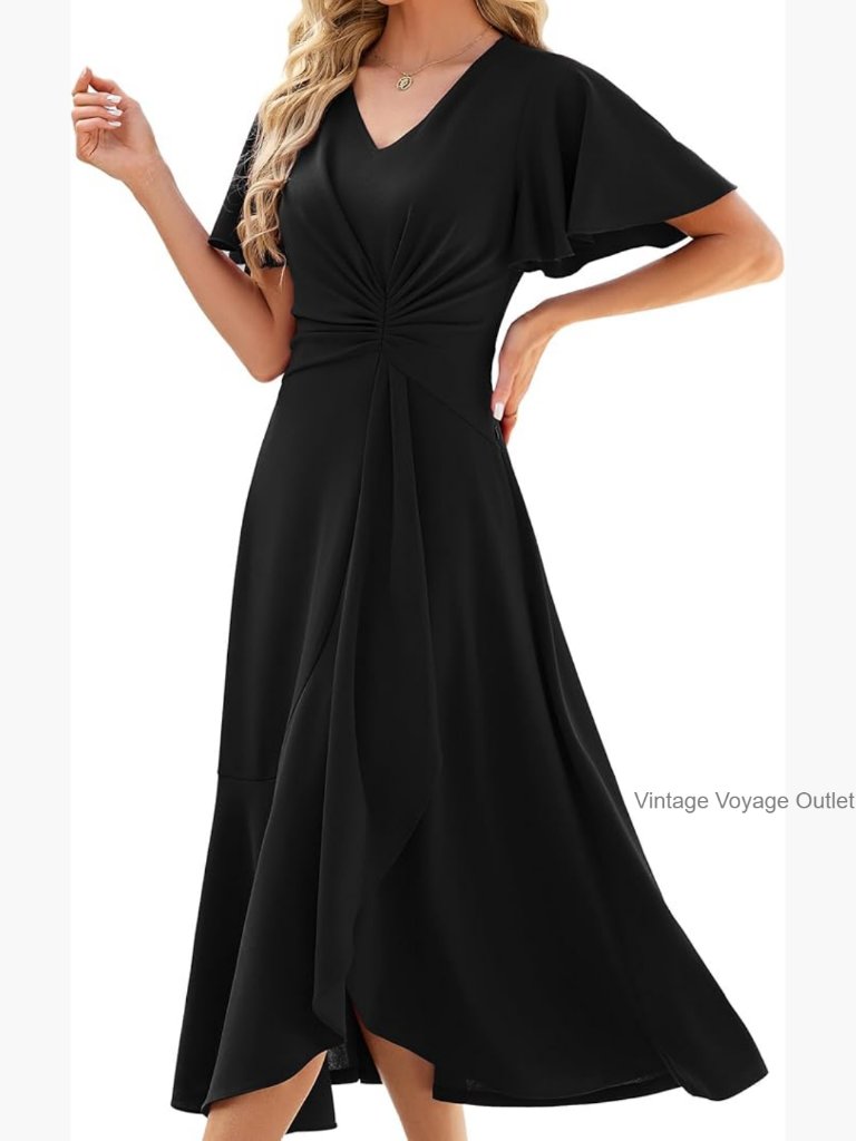 Formal A-Line Midi Dress With Pockets Ruffle Sleeve V-Neck Wrap Cocktail Party